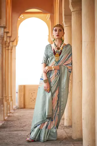 Multicolor weaving designer,h p printed foil  viscose silk saree with blouse piece