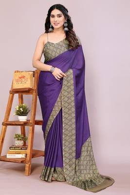 Purple chiffon solid abstract print printed saree with unstitched blouse piece 1