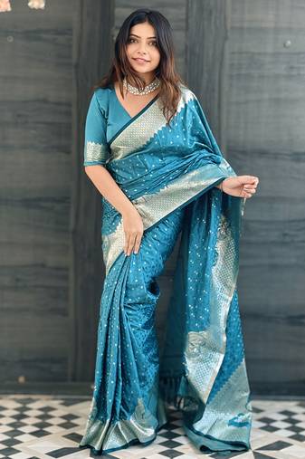 Blue  wevon jari designer banarasi silk saree with blouse piece
