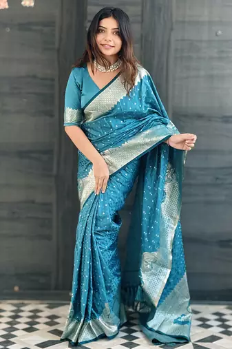 Blue  wevon jari designer banarasi silk saree with blouse piece