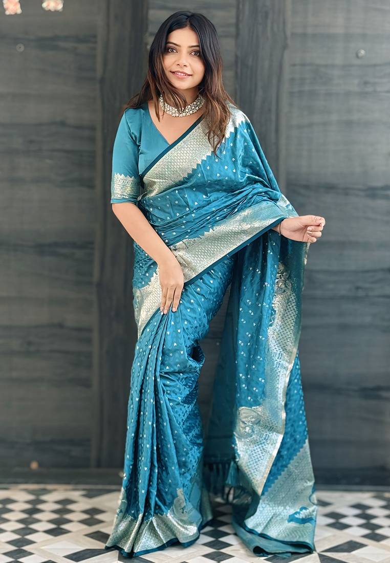 Blue  wevon jari designer banarasi silk saree with blouse piece
