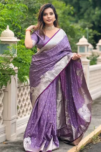 Purple  wevon jari designer banarasi silk saree with blouse piece