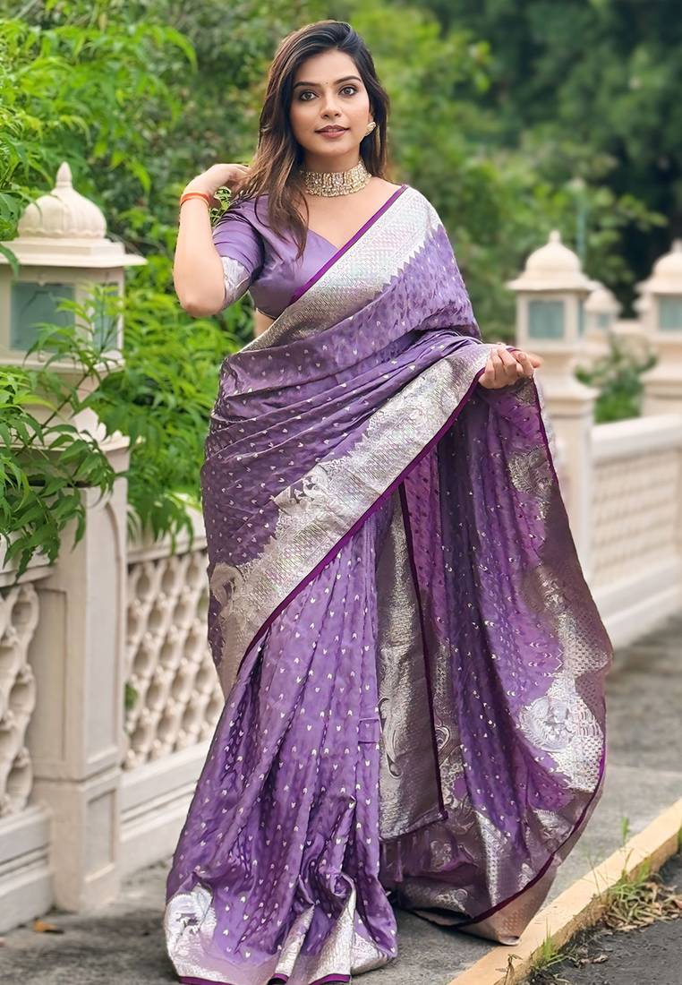 Purple  wevon jari designer banarasi silk saree with blouse piece