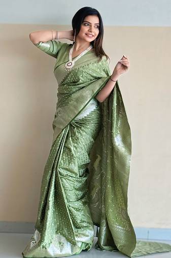 Pista  wevon jari designer banarasi silk saree with blouse piece