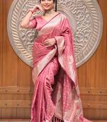 Pink  wevon jari designer banarasi silk saree with blouse piece