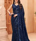 Blue blooming color,heavy sequance embroidery work  faux georgette saree with blouse piece