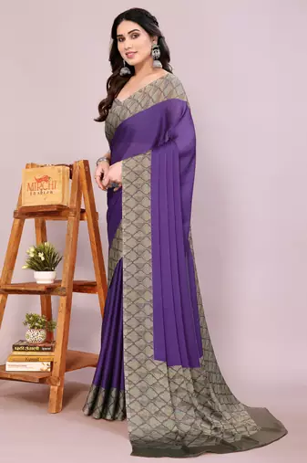 Purple chiffon solid abstract print printed saree with unstitched blouse piece
