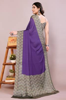 Purple chiffon solid abstract print printed saree with unstitched blouse piece 4