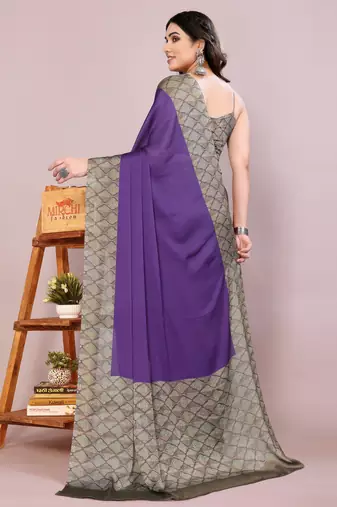 Purple chiffon solid abstract print printed saree with unstitched blouse piece
