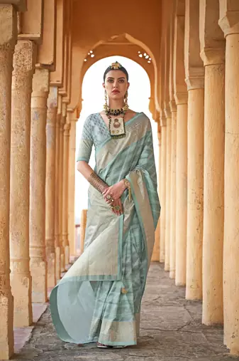 Sea green  weaving designer,h p printed foil  viscose silk saree with blouse piece