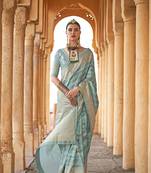 Sea green  weaving designer,h p printed foil  viscose silk saree with blouse piece
