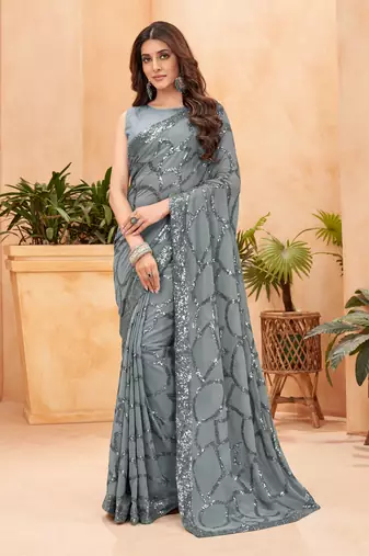 Grey blooming color,heavy sequance embroidery work  faux georgette saree with blouse piece