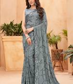 Grey blooming color,heavy sequance embroidery work  faux georgette saree with blouse piece