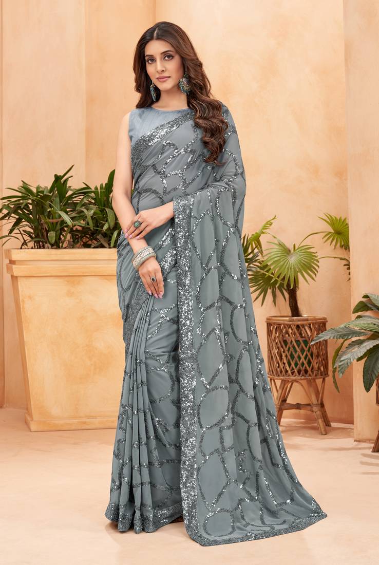Grey blooming color,heavy sequance embroidery work  faux georgette saree with blouse piece