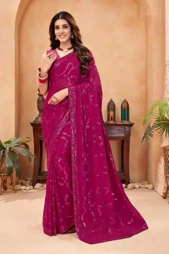 Pink blooming color,heavy sequance embroidery work  faux georgette saree with blouse piece