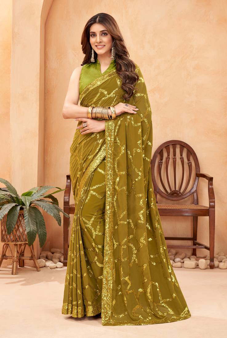 Green blooming color,heavy sequance embroidery work  faux georgette saree with blouse piece