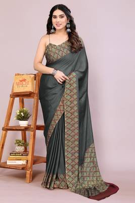 Dusty black chiffon solid abstract print printed saree with unstitched blouse piece 1