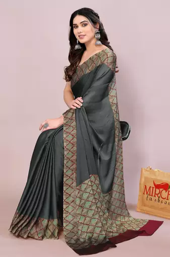 Dusty black chiffon solid abstract print printed saree with unstitched blouse piece