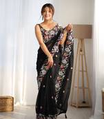 Black multy thread,sequance embroidery work georgette saree with blouse piece