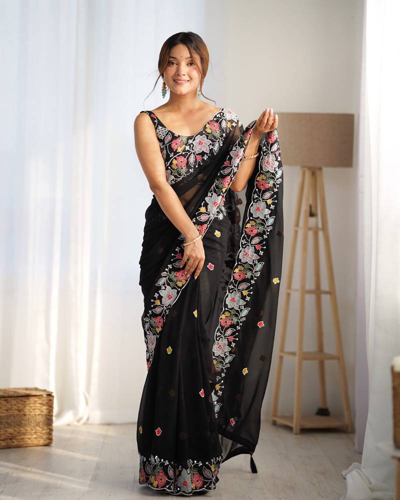 Black multy thread,sequance embroidery work georgette saree with blouse piece