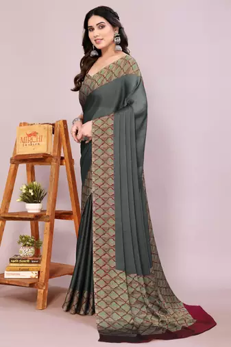 Dusty black chiffon solid abstract print printed saree with unstitched blouse piece