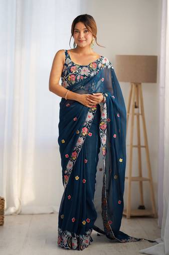 Teal multy thread,sequance embroidery work georgette saree with blouse piece