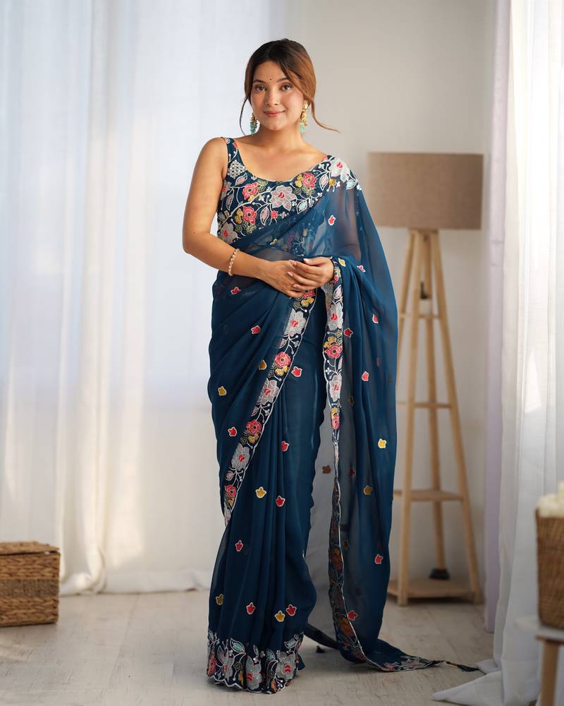 Teal multy thread,sequance embroidery work georgette saree with blouse piece