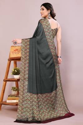 Dusty black chiffon solid abstract print printed saree with unstitched blouse piece 4