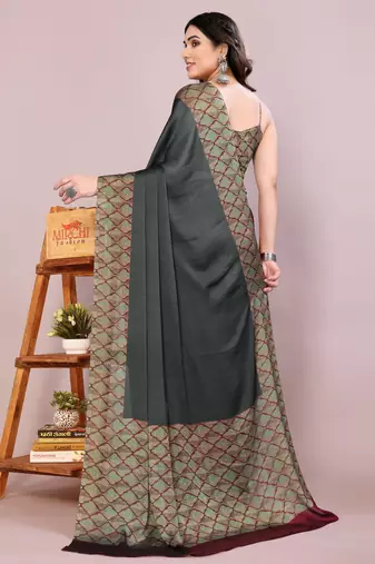 Dusty black chiffon solid abstract print printed saree with unstitched blouse piece