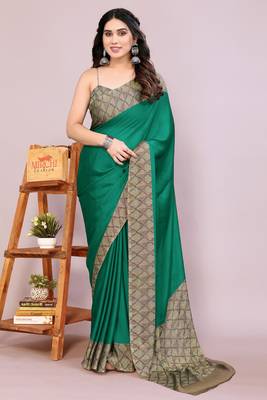 Green chiffon solid abstract print printed saree with unstitched blouse piece 1