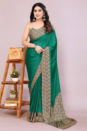 Green chiffon solid abstract print printed saree with unstitched blouse piece
