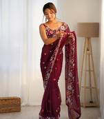 Maroon multy thread,sequance embroidery work georgette saree with blouse piece