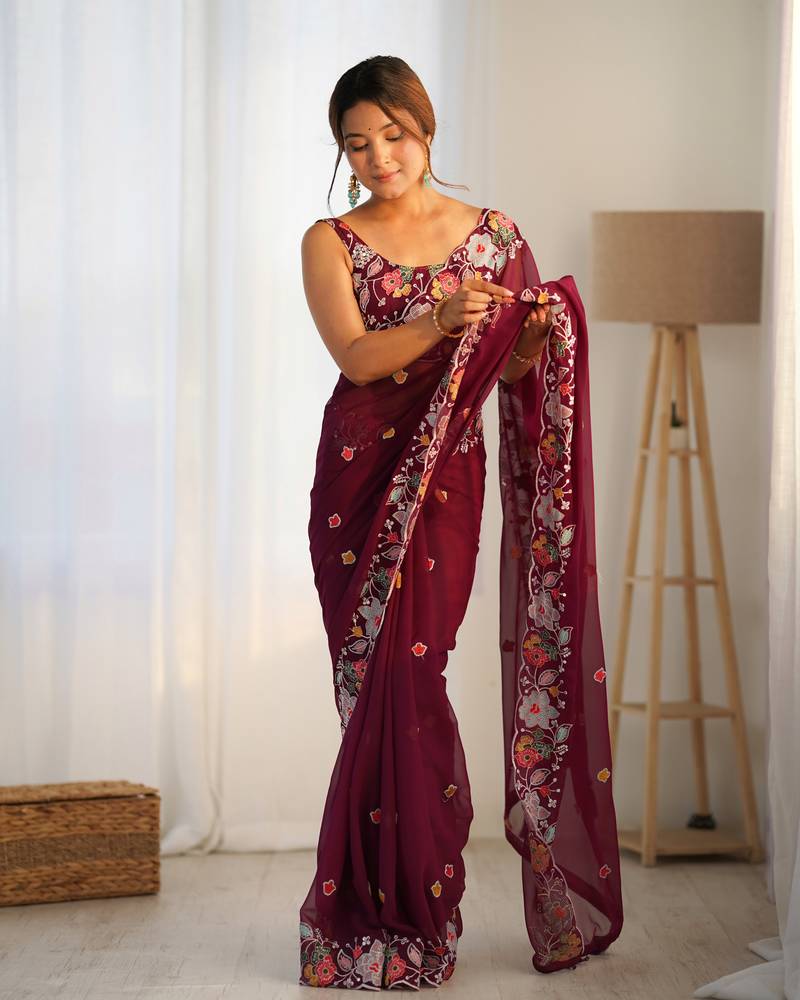 Maroon multy thread,sequance embroidery work georgette saree with blouse piece