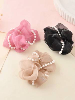 Pearl organza hair scrunchies ( set of 3) 1