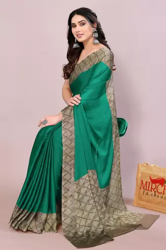 Green chiffon solid abstract print printed saree with unstitched blouse piece