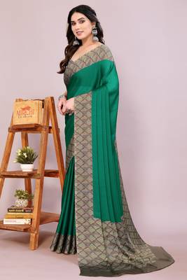 Green chiffon solid abstract print printed saree with unstitched blouse piece 3
