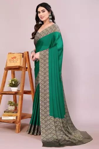 Green chiffon solid abstract print printed saree with unstitched blouse piece