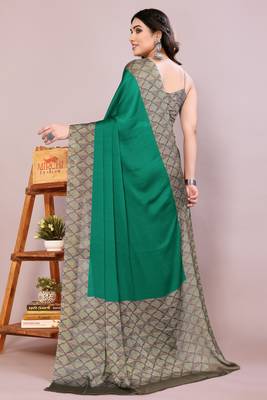 Green chiffon solid abstract print printed saree with unstitched blouse piece 4