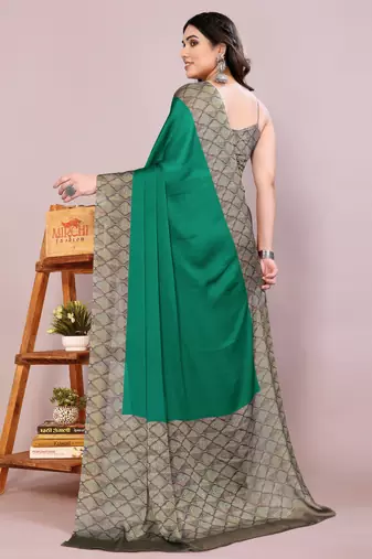 Green chiffon solid abstract print printed saree with unstitched blouse piece