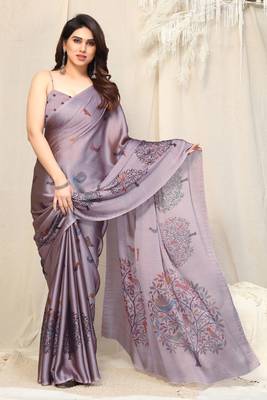 Light dusty purple chiffon madhubani print bird print saree with unstitched blouse piece 1