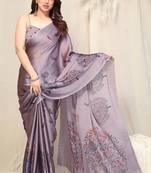 Light dusty purple chiffon madhubani print bird print saree with unstitched blouse piece