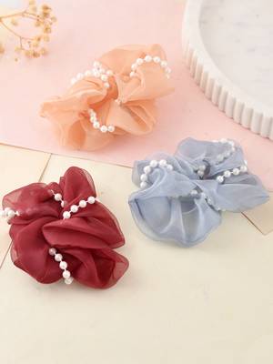 Pearl organza hair scrunchies ( set of 3) 1