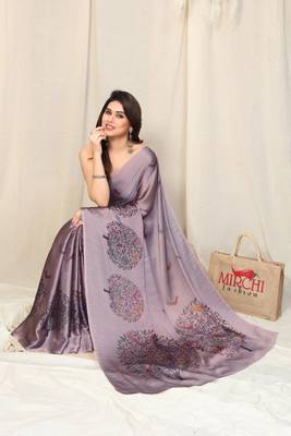 Light dusty purple chiffon madhubani print bird print saree with unstitched blouse piece 2