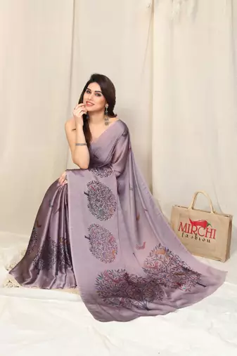 Light dusty purple chiffon madhubani print bird print saree with unstitched blouse piece