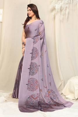 Light dusty purple chiffon madhubani print bird print saree with unstitched blouse piece 3