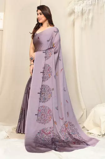 Light dusty purple chiffon madhubani print bird print saree with unstitched blouse piece