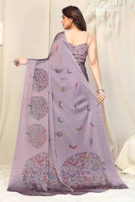 Light dusty purple chiffon madhubani print bird print saree with unstitched blouse piece 4