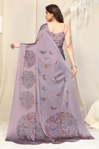 Light dusty purple chiffon madhubani print bird print saree with unstitched blouse piece