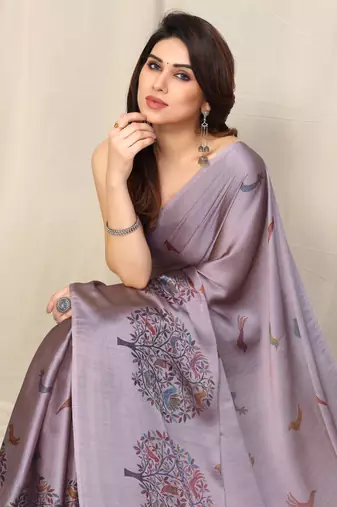Light dusty purple chiffon madhubani print bird print saree with unstitched blouse piece