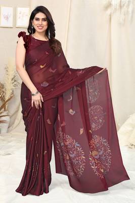 Maroon chiffon madhubani print bird print saree with unstitched blouse piece 1